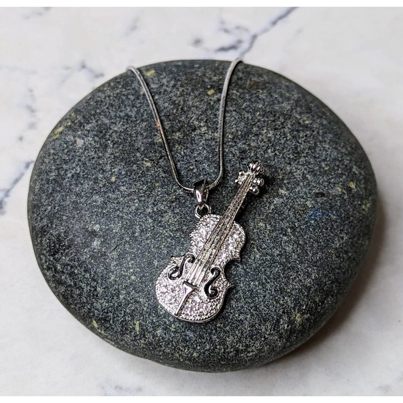 Violin Strings Necklace White Gold Plated Pendant with Crystals - Picture 8 of 10